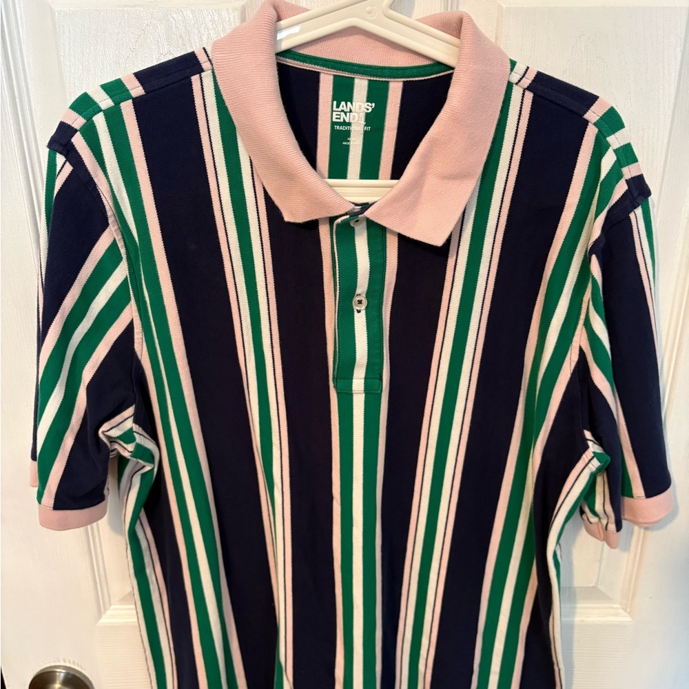Lands' End Green and Navy Striped Polo